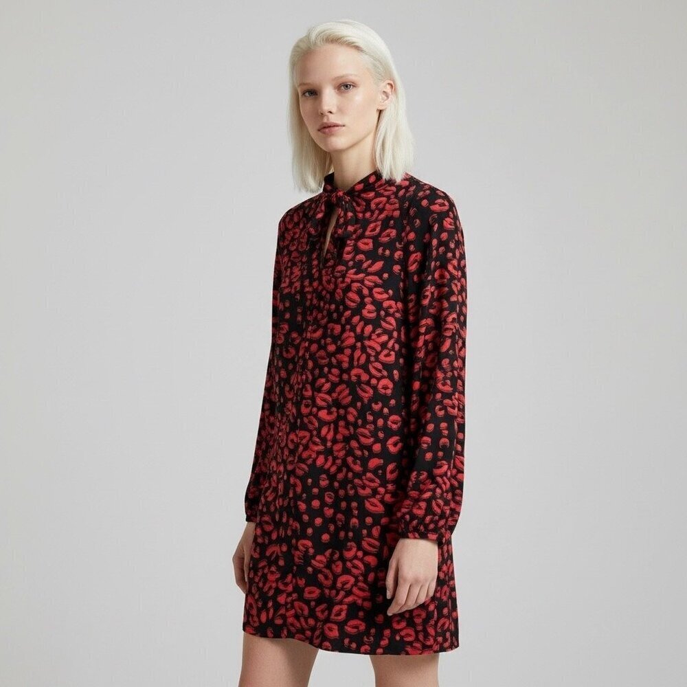 Cynthia Steffe Black & Red Abstract Print Shift Long Sleeve Dress Size Medium
